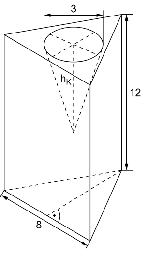 Geometrische Skizze eines Kegels mit Maßen und Hilfslinien in einem Prisma.